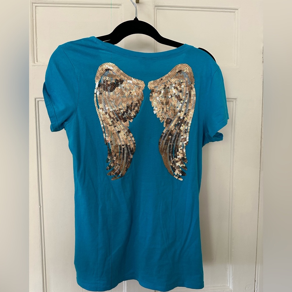 Vintage y2k Guess Turquoise blue Tee with Gold Sequin angel Wings